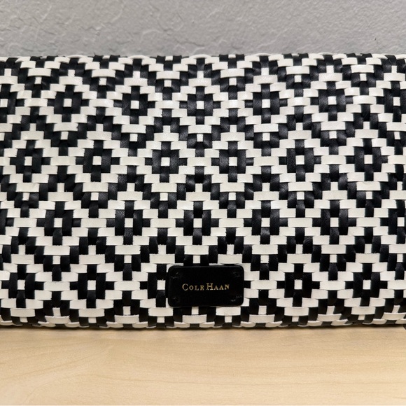 Cole Haan Black and White Leather Woven Geometric Clutch New WT - Picture 3 of 13